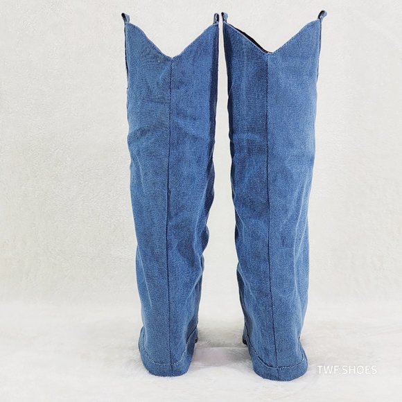 Rough Cut Denim Skirted Fold Over Country Western Knee High Cowgirl Boots - Picture 6 of 11